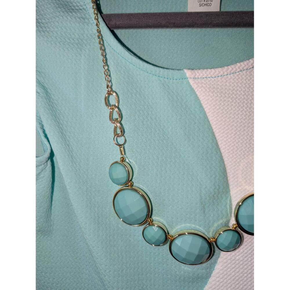 Belinda Dress Womens Small Teal White Color Block Decorative Necklace Retro - Picture 3 of 4